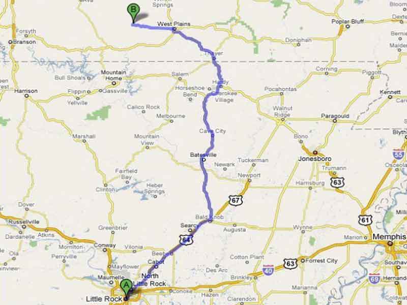Branson MO to River of Life Farm directions map