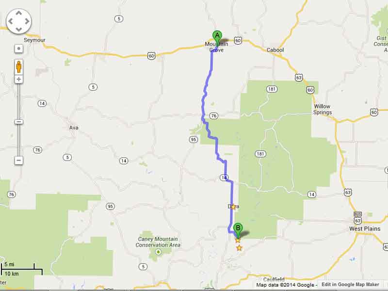 Mountain Grove MO to River of Life Farm directions map