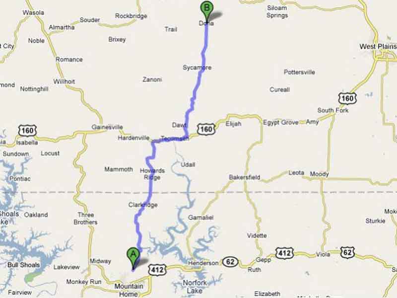 Mountain Home, AR to River of Life Farm directions map